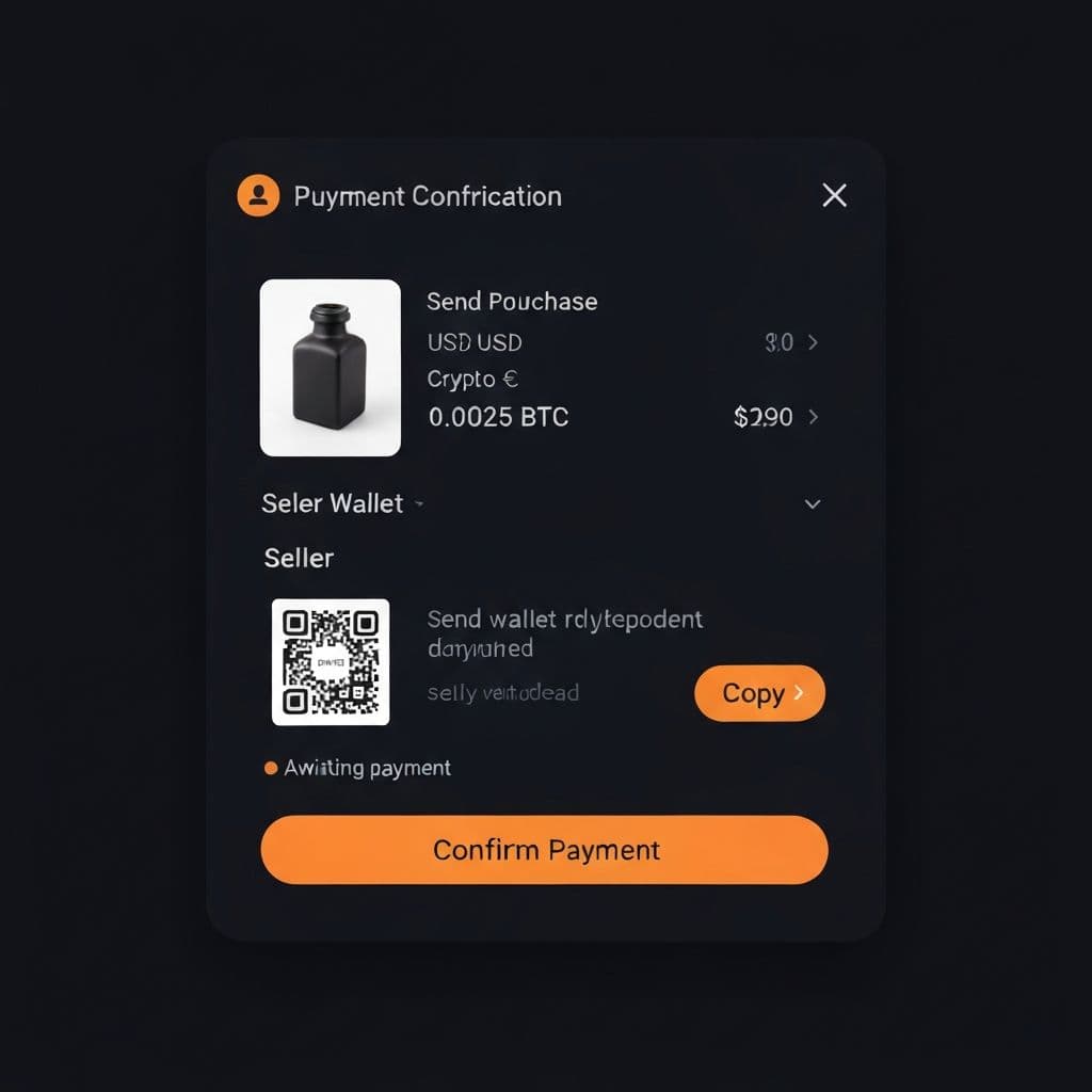 Payment screen showing item details, seller wallet address with QR code, and payment confirmation