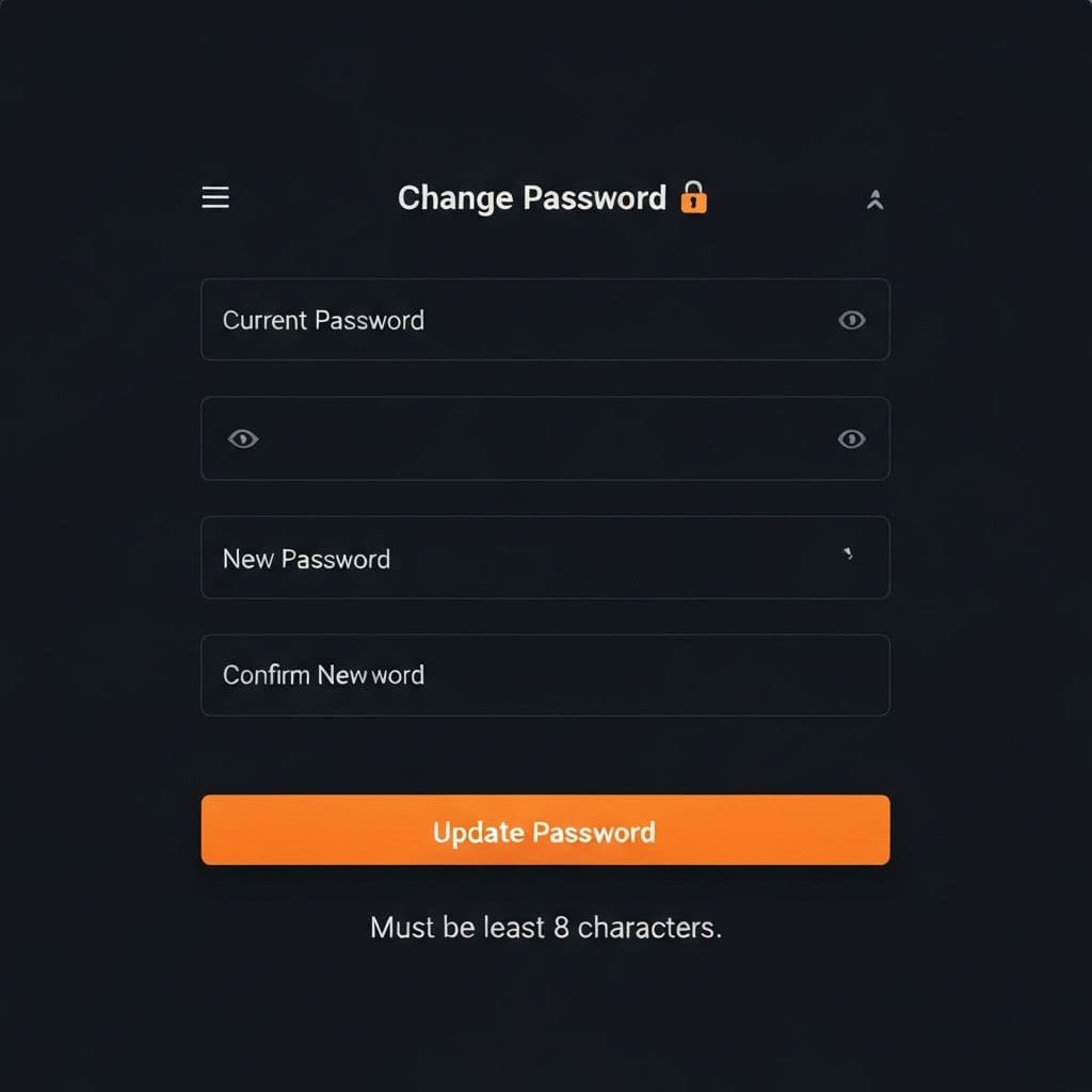 Change Password form in Settings showing current password, new password, and confirm password fields with Update Password button