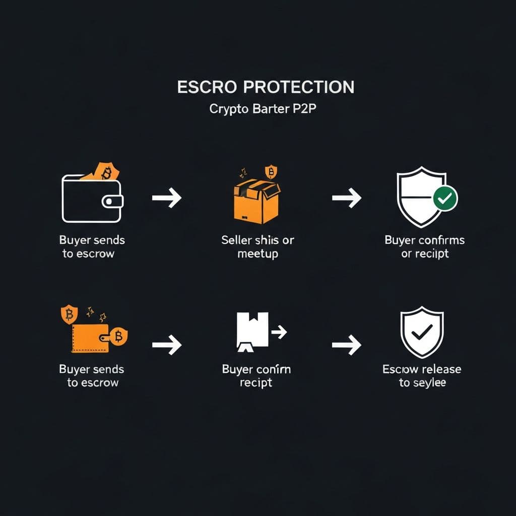 Escrow flow diagram showing buyer sends crypto to escrow, seller delivers item, buyer confirms, escrow releases crypto to seller
