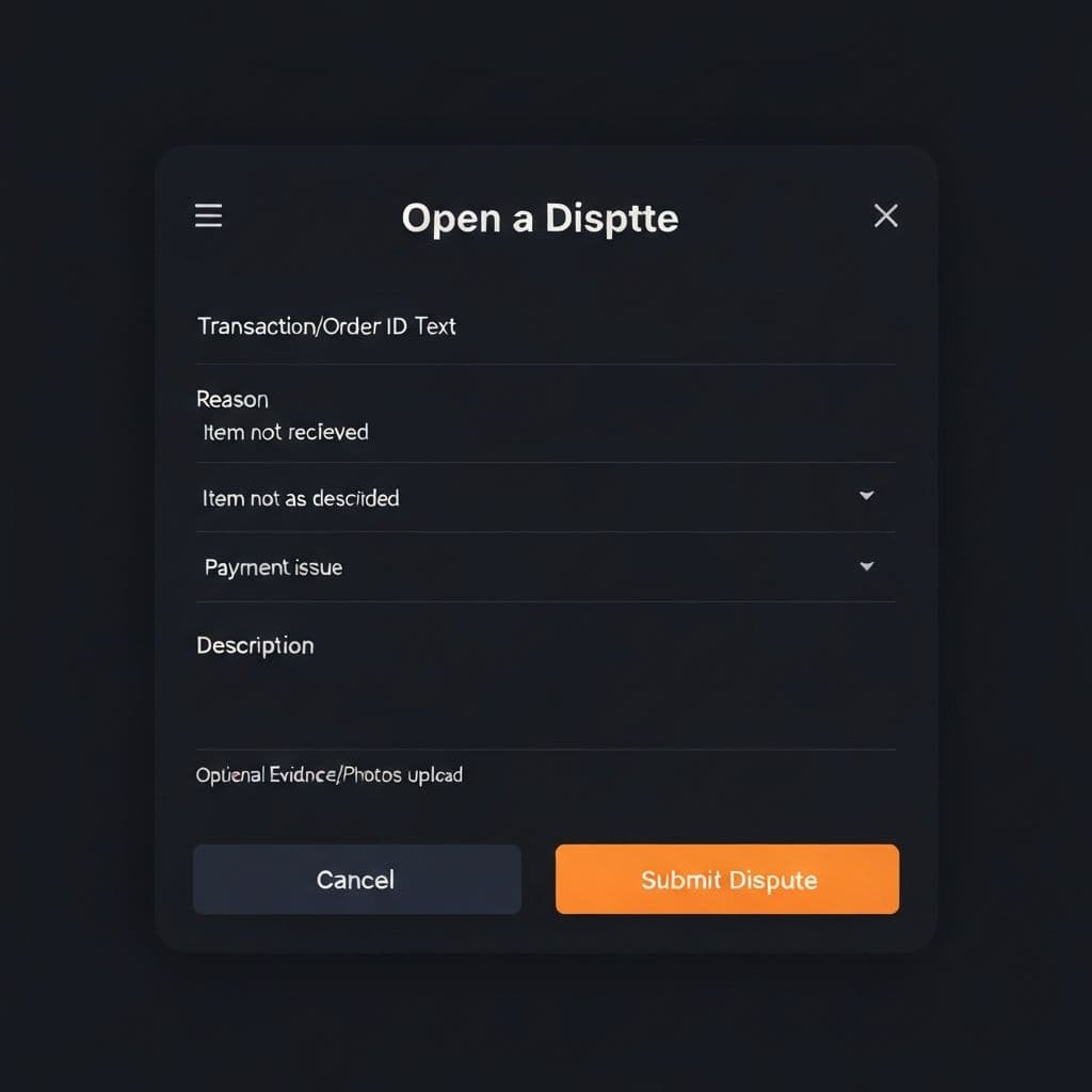 Open a Dispute form showing fields for transaction ID, reason selection, description, and evidence upload