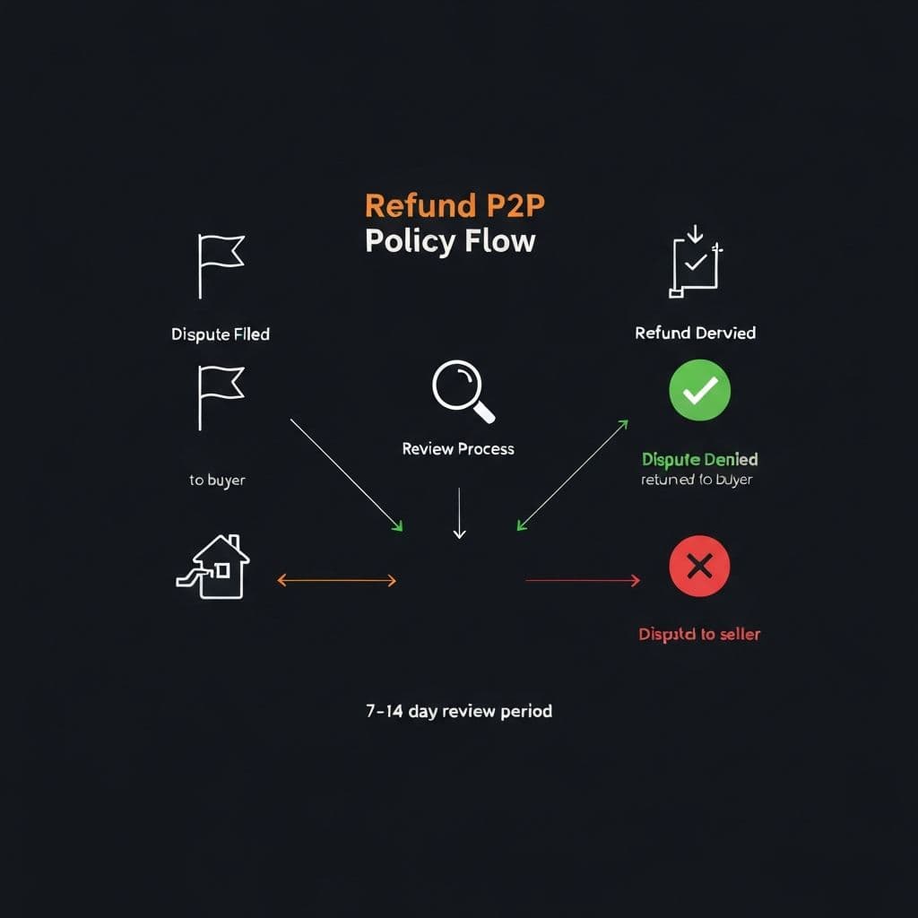 Infographic showing refund policy flow: Dispute filed leads to Review which branches to Refund Approved or Dispute Denied