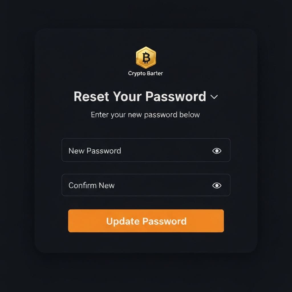 Reset Password screen showing Crypto Barter logo, new password fields, and Update Password button