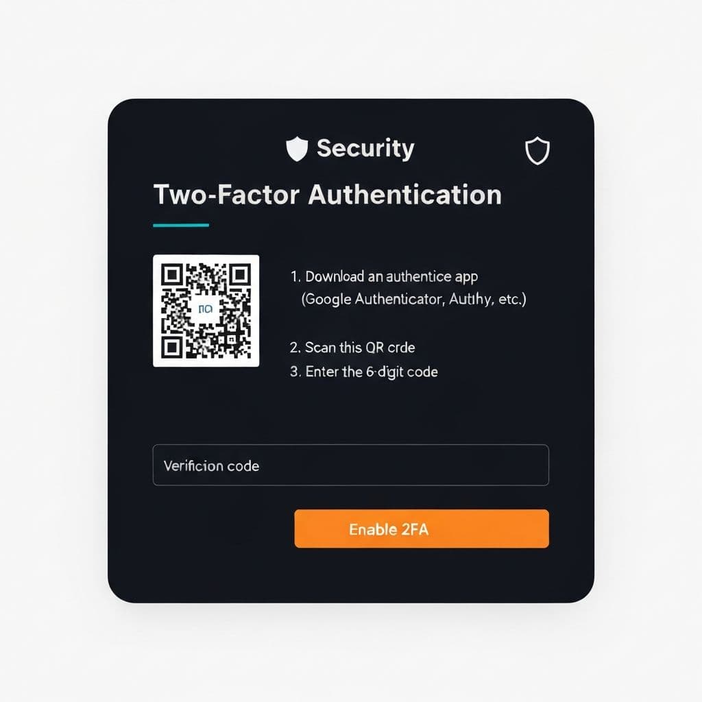 Two-factor authentication setup screen showing QR code to scan with authenticator app and verification code input