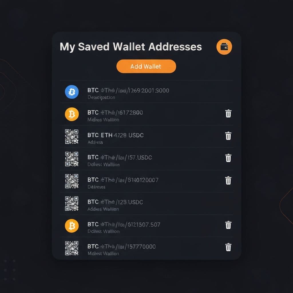 My Saved Wallet Addresses card showing Add Wallet button and list of saved wallet addresses with QR code and delete options